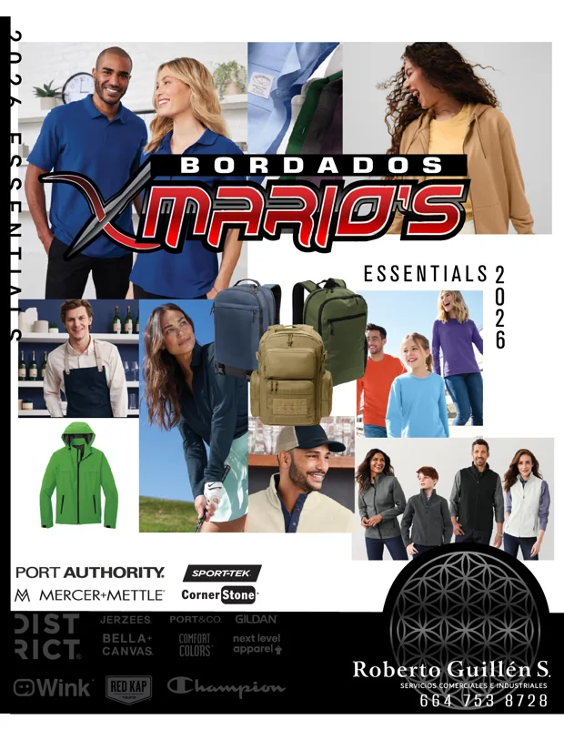 Portada del catálogo Essentials 2026 de Bordados Mario's con ropa y accesorios